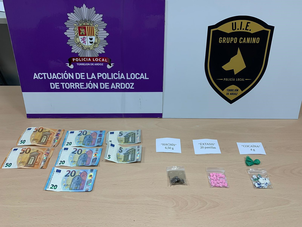 La Unidad Canina de la Policía Local de Torrejón ha detenido en los últimos meses a 5 individuos, incautándose de hachís, cocaína y plantas de marihuana