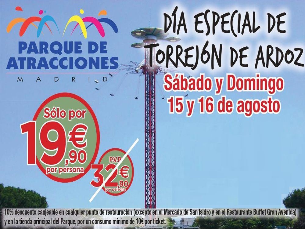 Los Días Especiales de Torrejón de Ardoz continúan el próximo sábado 15 y domingo 16 de agosto en el Parque de Atracciones con grandes descuentos para los torrejoneros