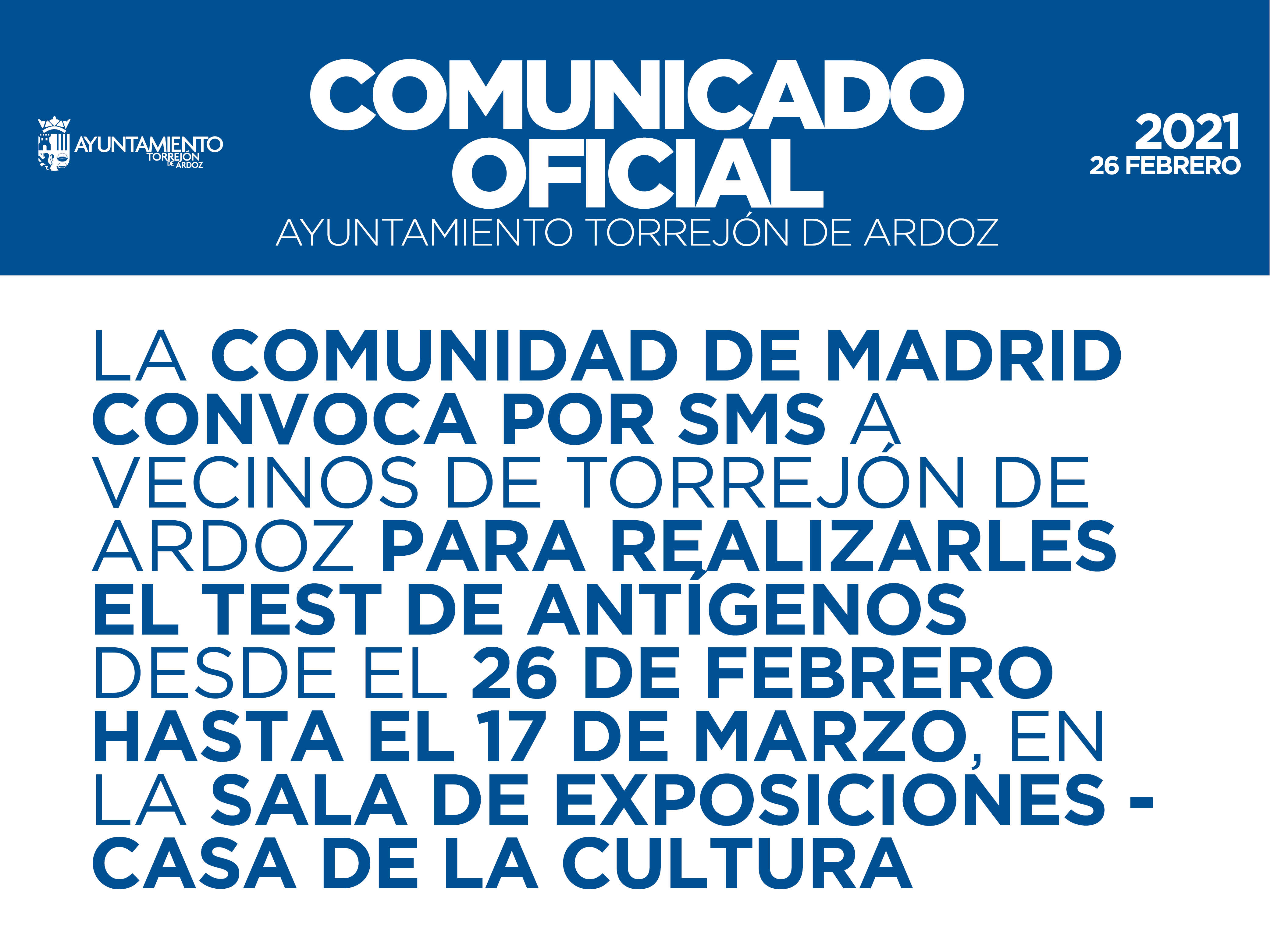 Último fin de semana para que los vecinos de Torrejón de Ardoz puedan realizarse test de antígenos en la Sala de Exposiciones - Casa de la Cultura convocados por la Comunidad de Madrid por SMS