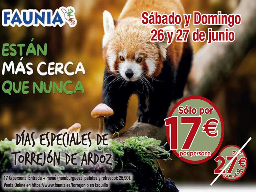 Mañana sábado 26 y el domingo 27 de junio comienzan los Días Especiales de Torrejón de Ardoz en Faunia con las entradas para los torrejoneros a un precio de 17 euros, cuando habitualmente cuestan 27,95 euros