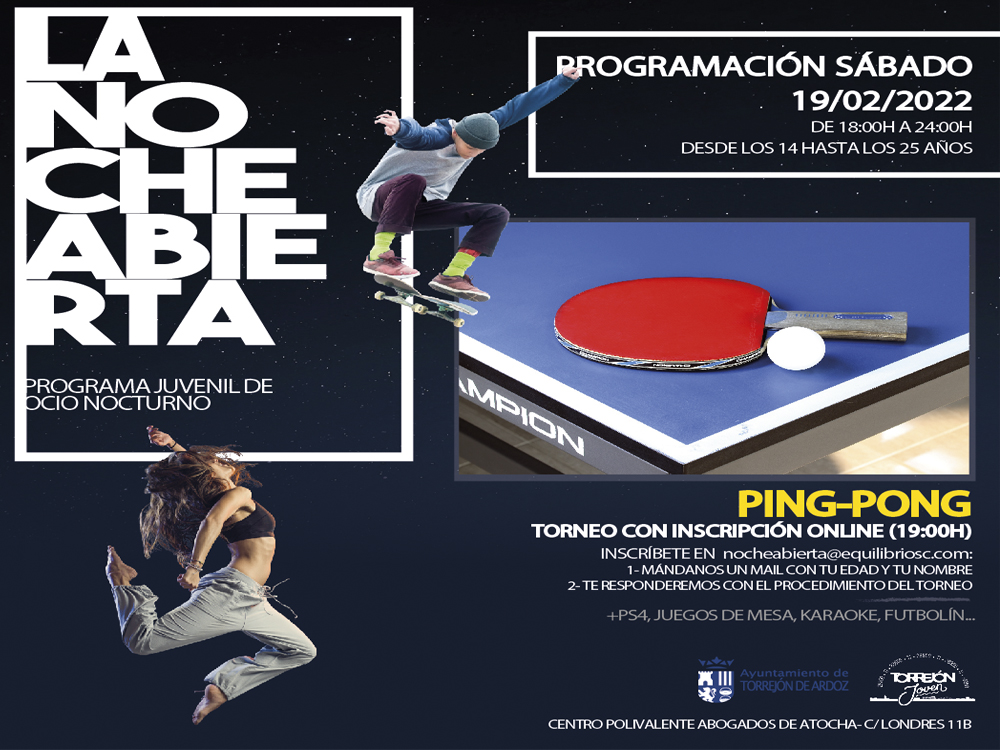 Este sábado 19 de febrero continúa la programación de “La noche abierta” con un torneo de ping-pong, entre otras actividades 