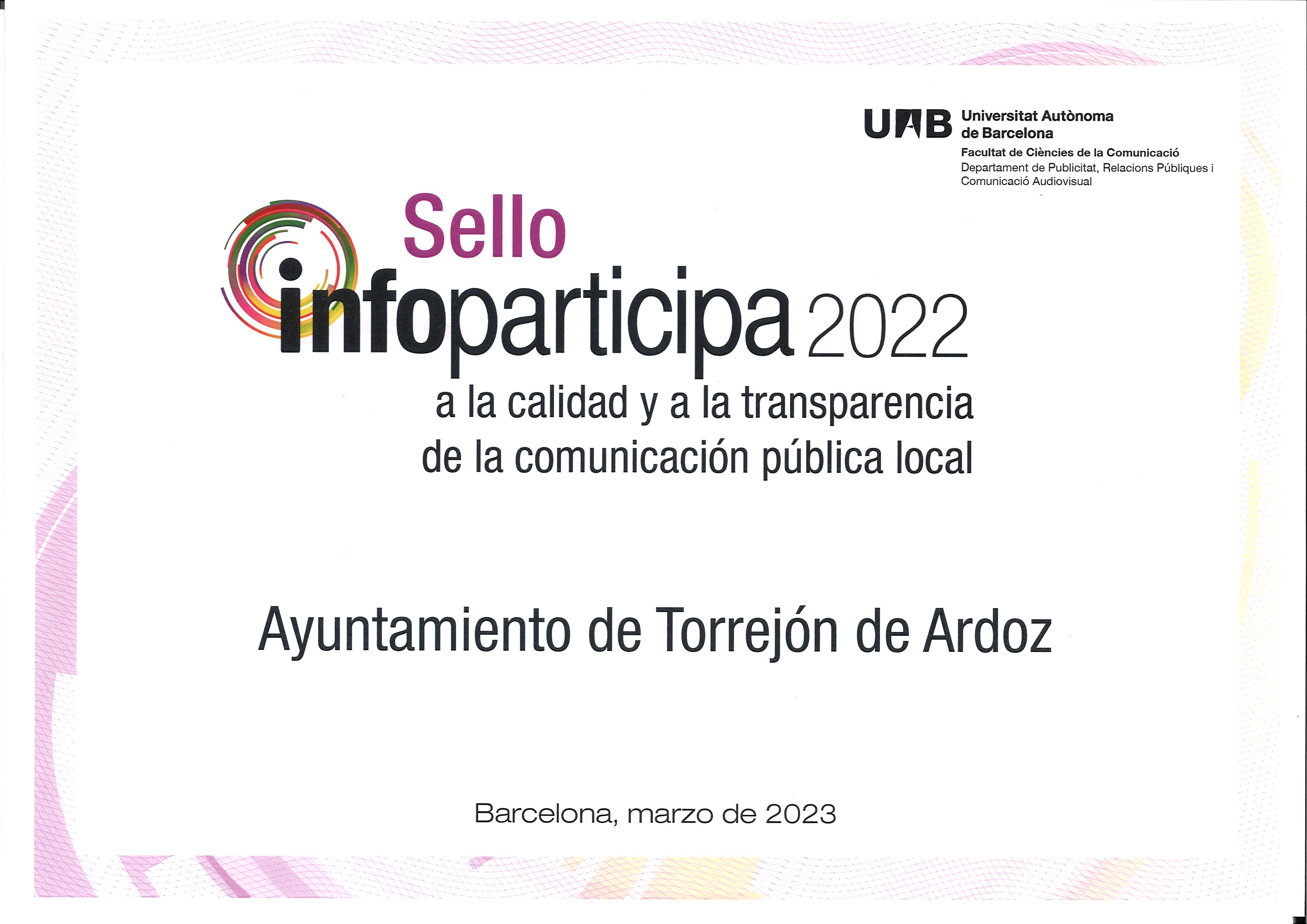Torrejón de Ardoz vuelve a obtener, por segunda vez consecutiva, el sello Infoparticipa, reconocimiento que le sigue situando como uno de los ayuntamientos más transparentes de España