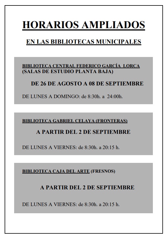 Horarios ampliados bibliotecas municipales Torrejón de Ardoz septiembre 2019