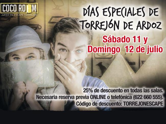 Este sábado 11 y el domingo 12 de julio  arrancan los Días Especiales de Torrejón de Ardoz con una de las novedades de este año, Coco Room, que tendrá un 25% de descuento en todas las salas