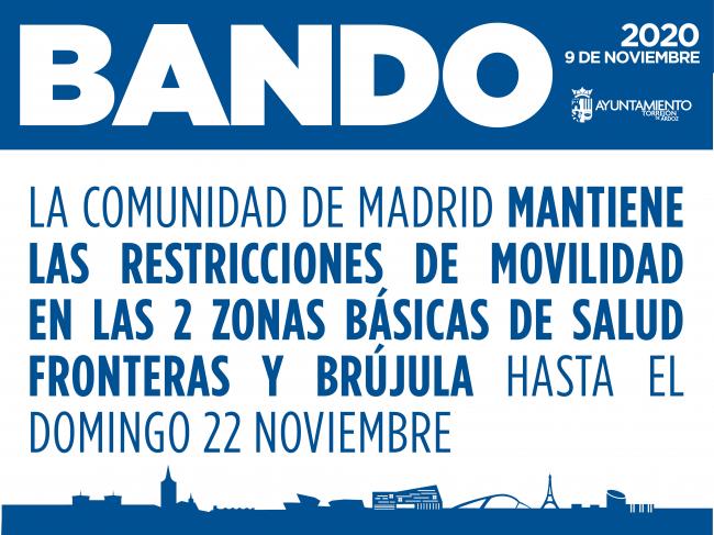 La Comunidad de Madrid mantiene las restricciones de movilidad en las dos Zonas Básicas de Salud de Fronteras y Brújula hasta el domingo 22 de noviembre
