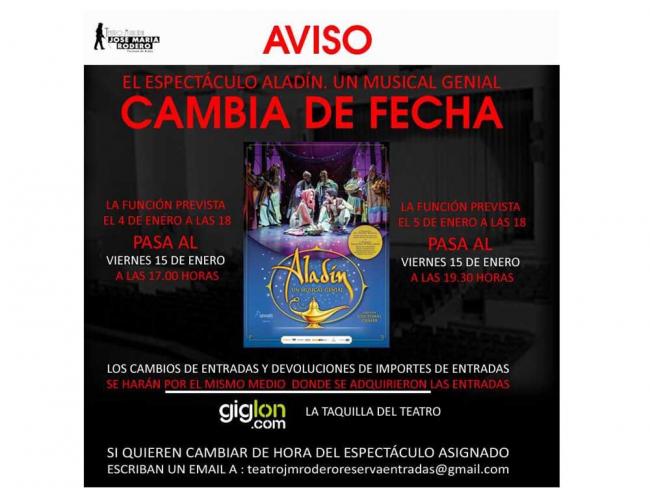 Cambio de fechas del espectáculo “Aladín. Un Musical Genial” por cuarentena de un miembro de la compañía 