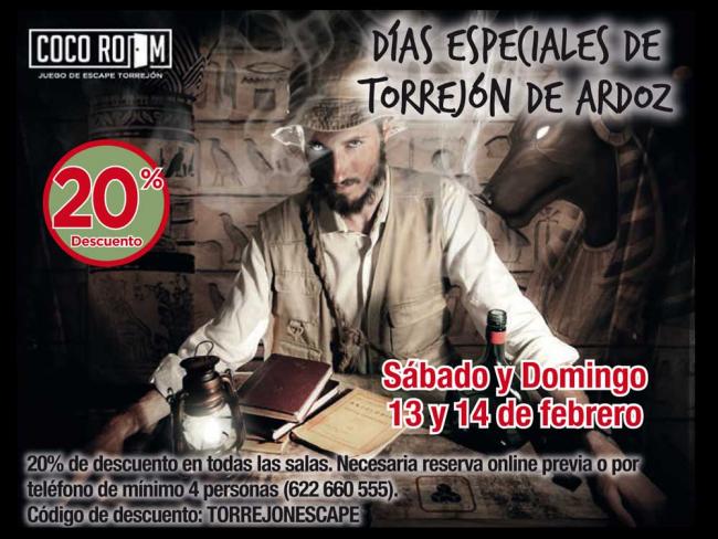 Este sábado 13 y el domingo 14 de febrero finalizan los Días Especiales de Torrejón de Ardoz en Coco Room, con un 20% de descuento en todas las salas 
