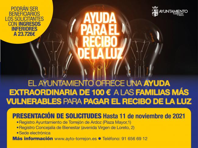 El Ayuntamiento crea una nueva ayuda de 100 euros para el pago de la factura de la luz a las familias torrejoneras con ingresos inferiores a 23.726 euros