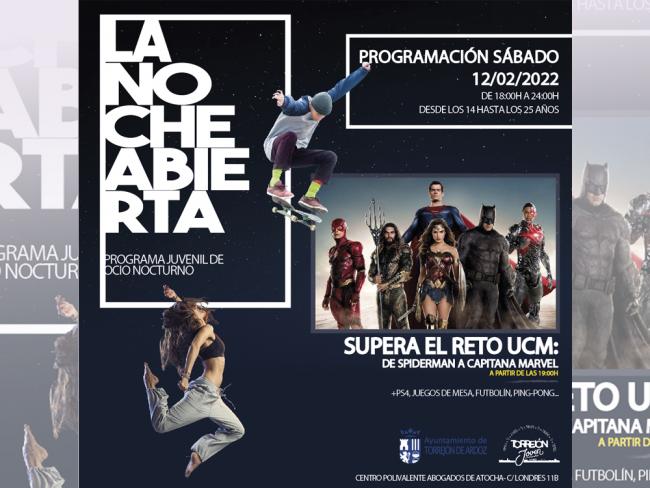 Mañana sábado 12 de febrero continúa la programación de “La noche abierta” con una actividad de los personajes del universo Marvel, “Desde Spiderman a Capitana Marvel” 
