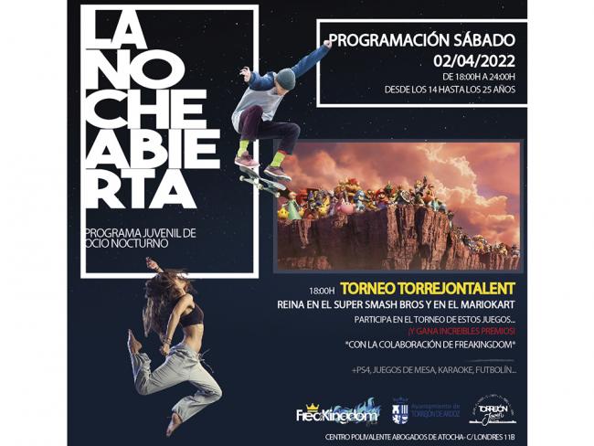 Las actividades especiales del programa de ocio alternativo para jóvenes “La noche abierta” continúan este sábado 2 de abril con el torneo “TORREJÓN TALENT: ¡Reina en el Super Smash Bros y en el Mario Kart Deluxe!”