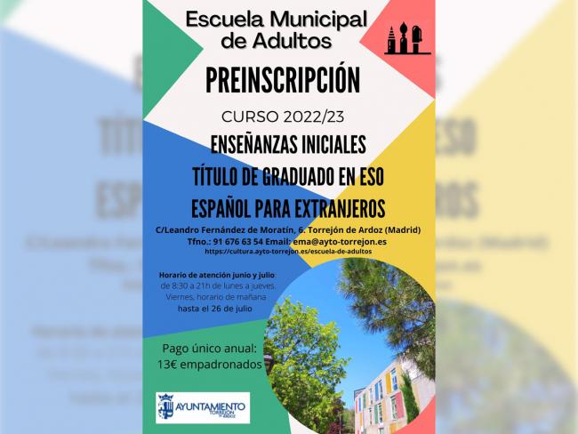 Hoy martes, 26 de julio, acaba el plazo de preinscripción de la Escuela Municipal de Adultos para el curso 2022-23