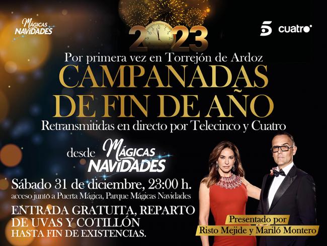 Por primera vez en Torrejón de Ardoz, se celebran las Campanadas de Fin de Año en el Parque de la Navidad de España retransmitidas en directo por Telecinco y Cuatro con entrada gratuita y reparto de uvas y cotillón 