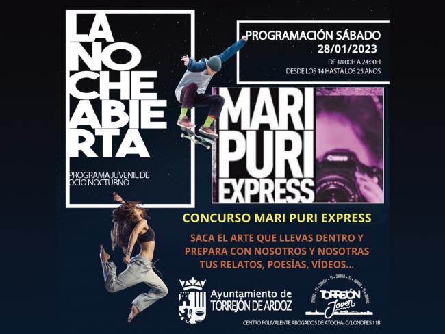 Este sábado, 28 de enero, continúa la iniciativa gratuita de ocio alternativo para jóvenes “La Noche Abierta” en donde se podrán preparar las creaciones para participar en el concurso Mari Puri Express 2.0 