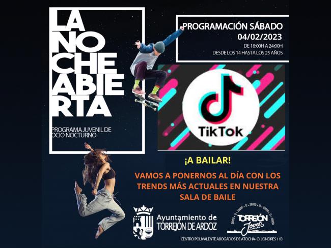 Este sábado, 4 de febrero, continúa la iniciativa gratuita de ocio alternativo para jóvenes “La Noche Abierta” con los “trends” más actuales de Tik-Tok 