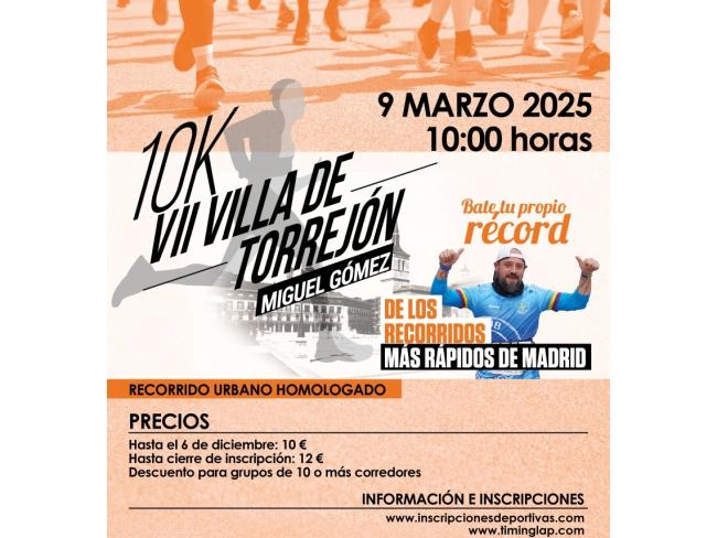 Hoy, miércoles, 5 de marzo, a las 23:59 horas, finaliza el plazo de inscripción para la carrera “10K Villa de Torrejón – Miguel Gómez”, que se disputará este domingo, 9 de marzo, desde las 10 de la mañana