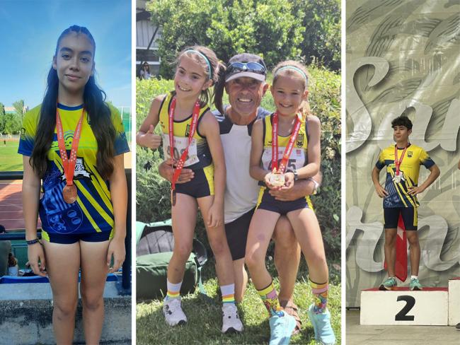 En el centro de la imagen, Juan José Ramos, entrenador del Club Atletismo Torrejón, y los medallistas torrejoneros, Emma Cortés, Alba Moreno, Cristina Amores y Héctor Gómez