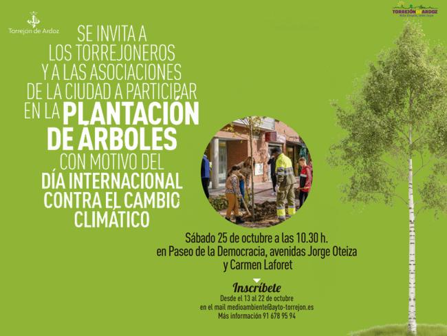 El alcalde, Alejandro Navarro Prieto, invita a los torrejoneros y a las asociaciones de la ciudad a inscribirse, hasta el 22 de octubre, para participar en la plantación de árboles con motivo del Día Internacional Contra el Cambio Climático 