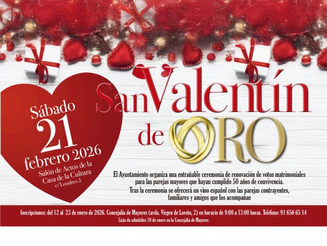Las parejas que hayan cumplido 50 años de convivencia podrán celebrar “San Valentín de Oro” el sábado, 21 de febrero en una entrañable ceremonia 